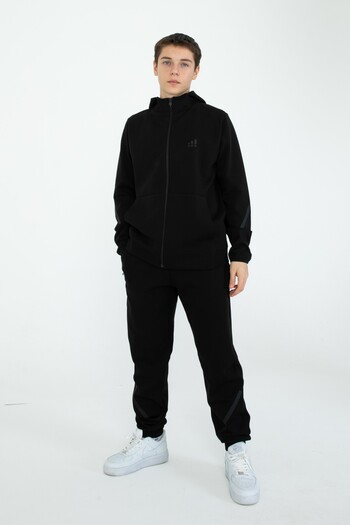 Black One Men'S/Girls' Zippered Hooded Tracksuit Set with Pocket Detail