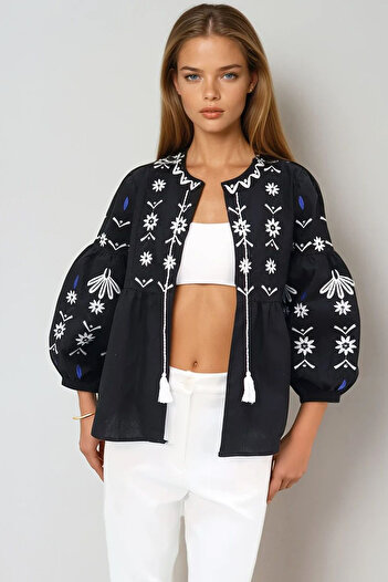 VAGGON Women's Black Balloon Sleeve Embroidered Jacket Vgn-X10541