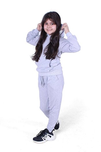 FYK KİDS Hooded Kangaroo Pocket Plain Pattern Girl's Bottom-Top Set
