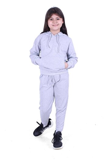 FYK KİDS Hooded Kangaroo Pocket Plain Pattern Girl's Bottom-Top Set