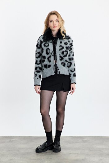 Rays 22289 Gray Leopard Print Fur Cardigan
