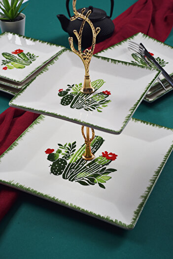 Piatti Naturali Double Layer Ceramic Cactus Pattern Cookie Dish Snack Two Layer Presentation Plate Serving Set Catering