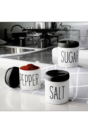 MİMOZA PARK 3-Piece Ceramic Spice Bowl Set - Salt Shaker Pepper Shaker and Sugar Bowl (Black Lid)
