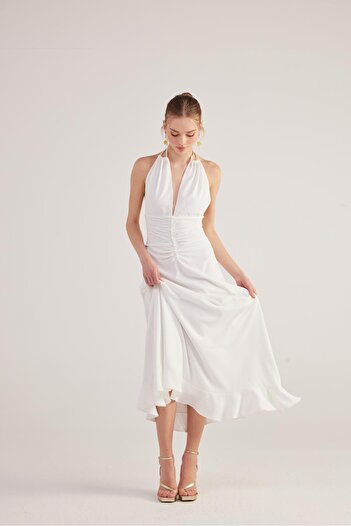 HOLLY LOLLY White Long Singa Dress - Halter Neck