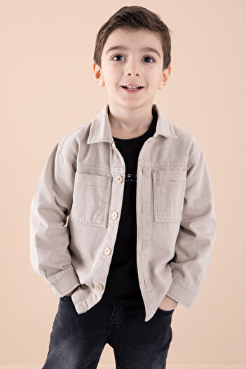 Cansın Mini Beige Jean Jacket Printed Boy's Trousers 3 Piece Suit 20312