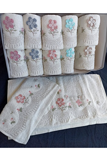 Fiesta Home Fiesta Embroidered Mother and Daughter 50X90 (6 Pieces) 30X50 (6 Pieces) Cream Cotton Towel Set