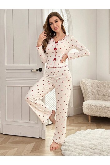 BELLA NOTTE Pamuklu Kiraz Desenli Mevsimlik Pijama Takımı