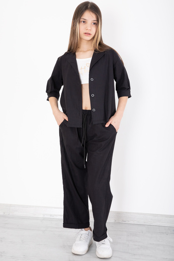 Cansın Mini Black Half Sleeve Girl's 3-Piece Cropled Suit 20322