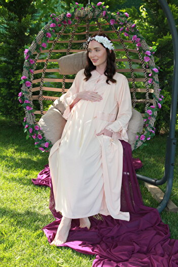 JENİKA Maternity Long Dressing Gown Openable Buttoned 2-Piece Nightgown Set