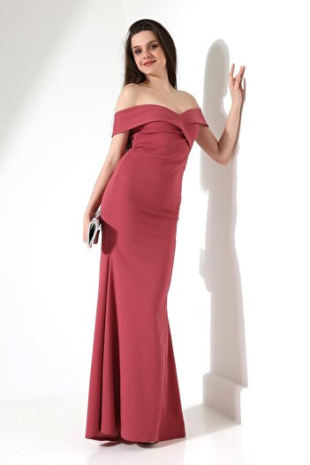 Deafox Dusty Rose Boat Neck Importované večerní šaty z krepové tkaniny