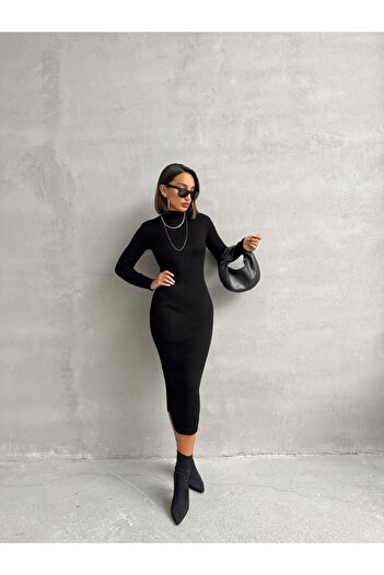 BEJNA Fekete Maxi Knitwear női ruha - állógallér