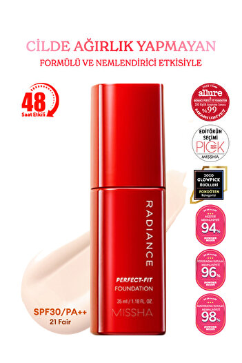 Missha Uzun Süre Kalıcı, Mat Bitişli Fondöten Radiance Perfect Fit Foundation (No.21 Fair) SPF30+/PA+++