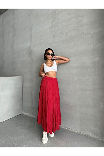 BEJNA Women's Wrinkled Modal Textured Soft Long Skirt