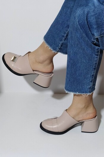 ERS Air Comfort Beige Genuine Leather Women's Heeled Slippers - Sabo, Front Closed Buckle, Casual K.345.034