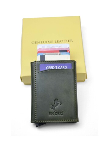 en deri Unisex Genuine Leather Cash Money Compartment Slide Mechanism Wallet Card Holder Leather Wallet