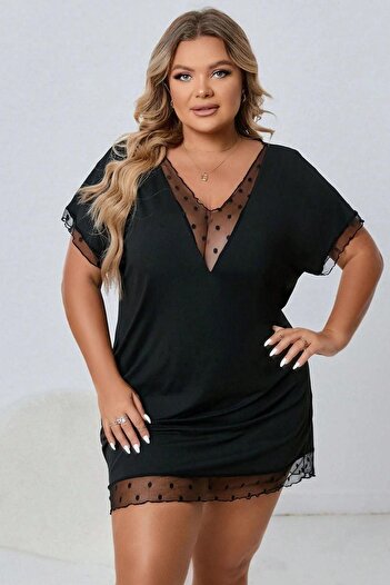 diamor secret Strappy V Decorated Lace Detailed Sexy Black Large Size Fancy Nightdress 2XL 3XL 4XL