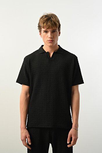 Valiberta Premium Shadow Textured Polo Neck Men's T-Shirt - Black