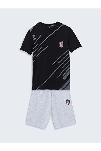 LC Waikiki Siyah Standart Kalıp Beşiktaş Baskılı Erkek Şortlu Pijama Takımı
