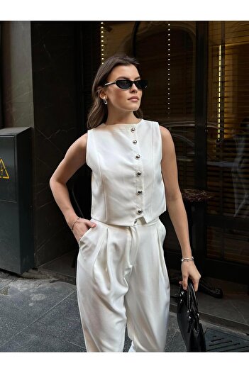 FERZOLAİO Cotton Fabric Vest Trousers Ecru Double Suit