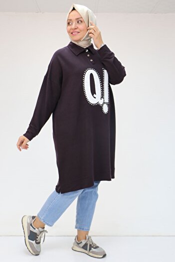 Eslina 48071 Plus Size Men's Printed Crystal Tunic with Collar - Plum