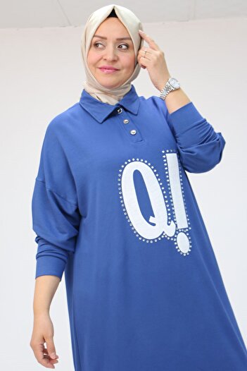 Eslina 48071 Plus Size Men's Printed Crystal Tunic with Collar - Indigo