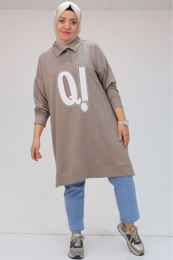 Eslina 48071 Large Size Men's Printed Crystal Tunic with Collar - Mink