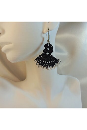 Crystal Atelier Black Mesh Fan Earrings – Beaded Handmade Ethnic Authentic Aesthetic Vintage Fan Earrings