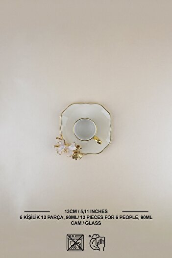 Glore Dolmabahce Lotus Cream Gold Gilded 12-Piece Glass Coffee Set for 6 People