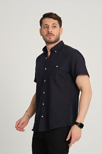 G-FOX Men's Cotton Linen Blended Regular Fit Shirt - Pocketed, Buttoned Collar, Short Sleeve 2518
