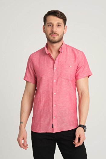 G-FOX Men's Cotton Linen Blended Regular Fit Shirt - Pocketed, Buttoned Collar, Short Sleeve 2518