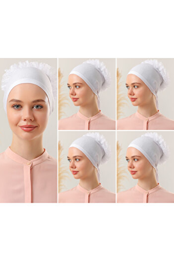 Melodi Scarf Λευκό καπό Hijab 5 συσκευασιών - Λεπτομέρεια βολάν και ραφής