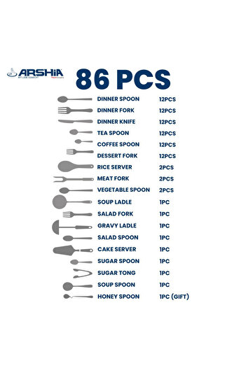 Arshia Stainless Steel Cutlery Set 86pcs Gold Matte
