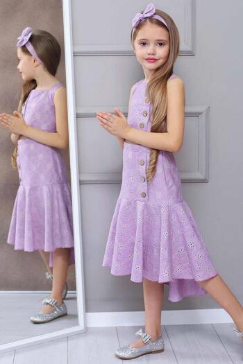 Riccotarz Girl's Lace Mesh Embroidered Straps Crop Button Embroidered Pleated Lilac Skirt Suit