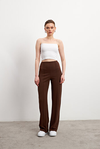 Bipantolon Women's Brown High Waist Ribbed Stitched Stretch Pants