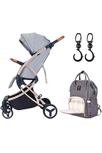 TEKNUM Teknum A1 Feather Lite Stroller-Grey + Sunveno Diaper Bag-Grey + Hooks