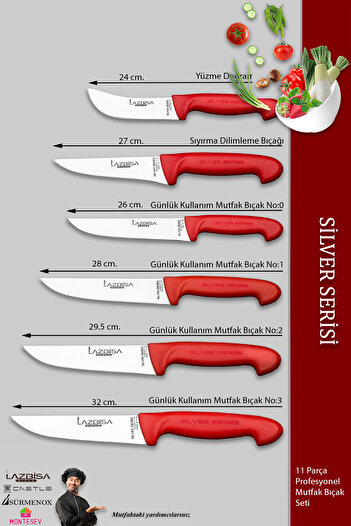 LAZBİSA Silver Pro Serisi Mutfak Bıçak Seti 11 Parça Et Ekmek Sebze Börek Şef Bıçağı Masatı Satırı (MFP-784)