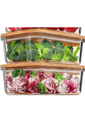 Qerhome 2-Piece Rectangular Vacuum Bowl Glass Storage Container with Bamboo Lid (1000 ml)