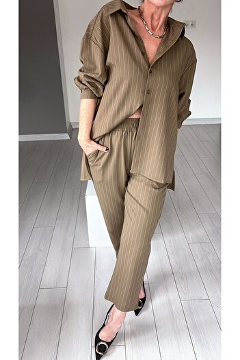 ABBRA Women's 100% Cotton Elastic Waist Striped Shirt Pants Set
