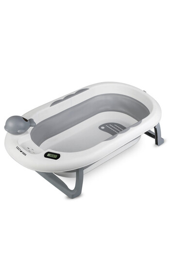 Eazy Kids Foldable Bathtub w/ Thermometer & Baby Head Shampoo Wash Rinse Mug - Grey