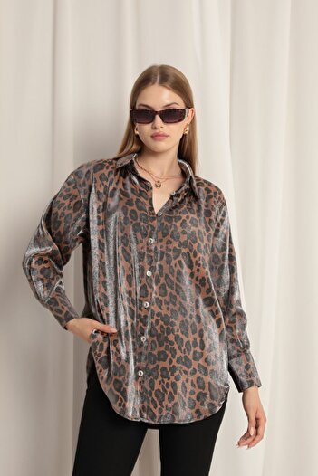 Lukas Shiny Fabric Women's Leopard Pattern Shirt-Brown