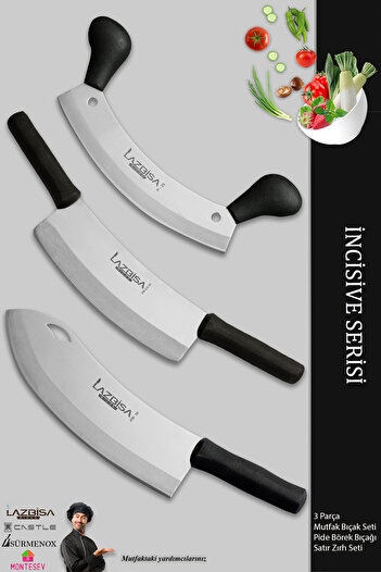 LAZBİSA İncisive Serisi Mutfak Bıçak Seti Zırh Bıçağı Kıyma Pizza Satırı Kıyma Doğrayıcı 3 Lü Set (MFT-786)