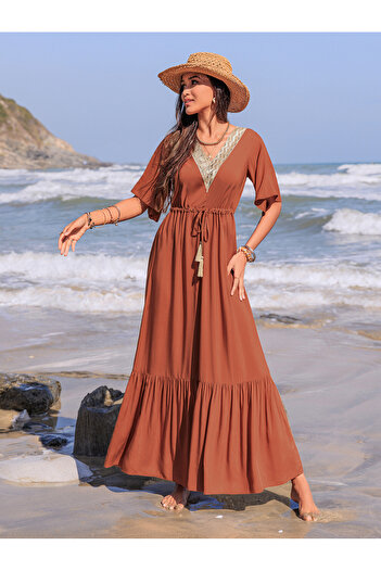 Russty Dustty By Styli Lace Trim V Neck A-Line Maxi Dress with Tie-Up Detail
