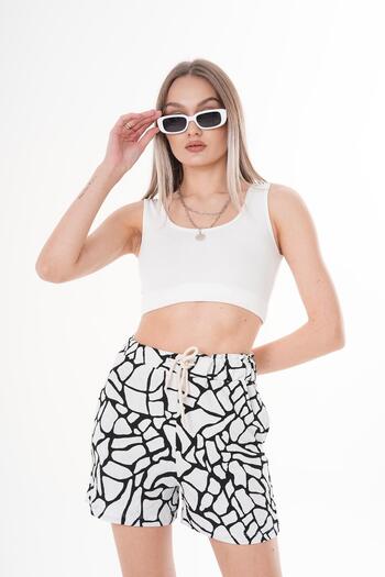 ŞİMAL Women's Marble Pattern Wide Belted Shorts 250055   -