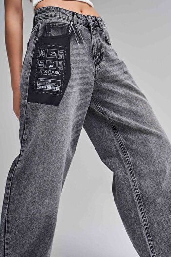 its basic Kadın Füme Renk 2S5-73 %100 Koton Cep Detaylı Baggy Fit Denim Jean