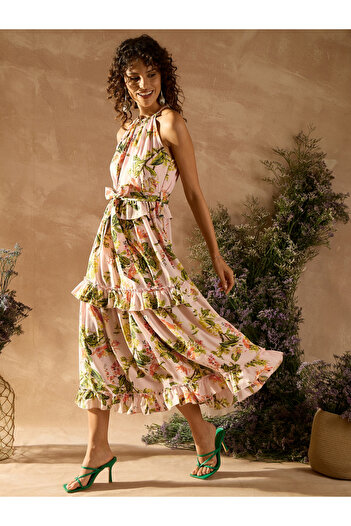 Kassually By Styli Tropical Print Ruffled A-Line Midi Dress