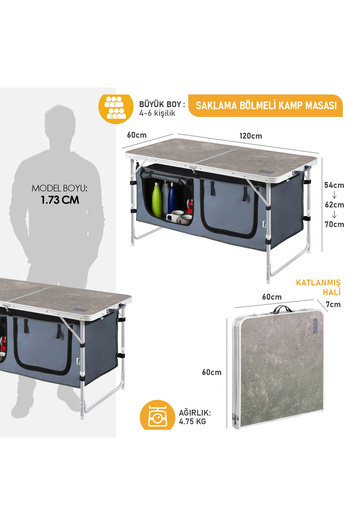 HAEGS Saklama Dolaplı Kamp Masası, Mutfak Dolabı, Katlanabilir Piknik Masası 120x60 Mermer Desenli