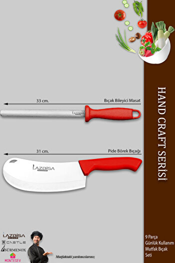 LAZBİSA Hand Craft Pro Serisi Mutfak Bıçak Seti 9 Parça Et Ekmek Sebze Salata Börek Pide Bıçağı (MFP-749)