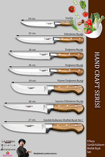 LAZBİSA Hand Craft Pro Serisi Mutfak Bıçak Seti 9 Parça Et Ekmek Sebze Salata Börek Pide Bıçağı (MFP-749)