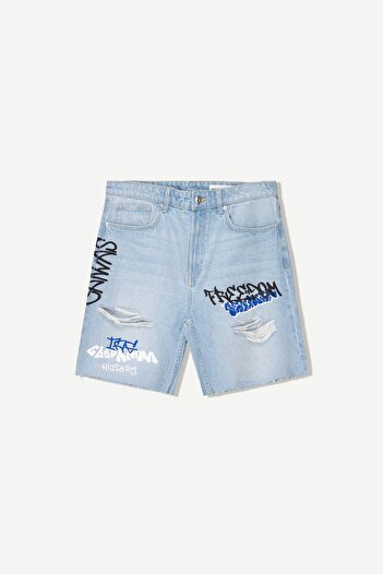 Bershka Desenli denim bermuda şort