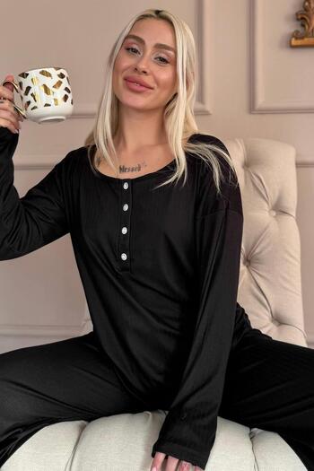 Pijamaevi Women's Black Dublin Long Sleeve Placket Pajamas Set
